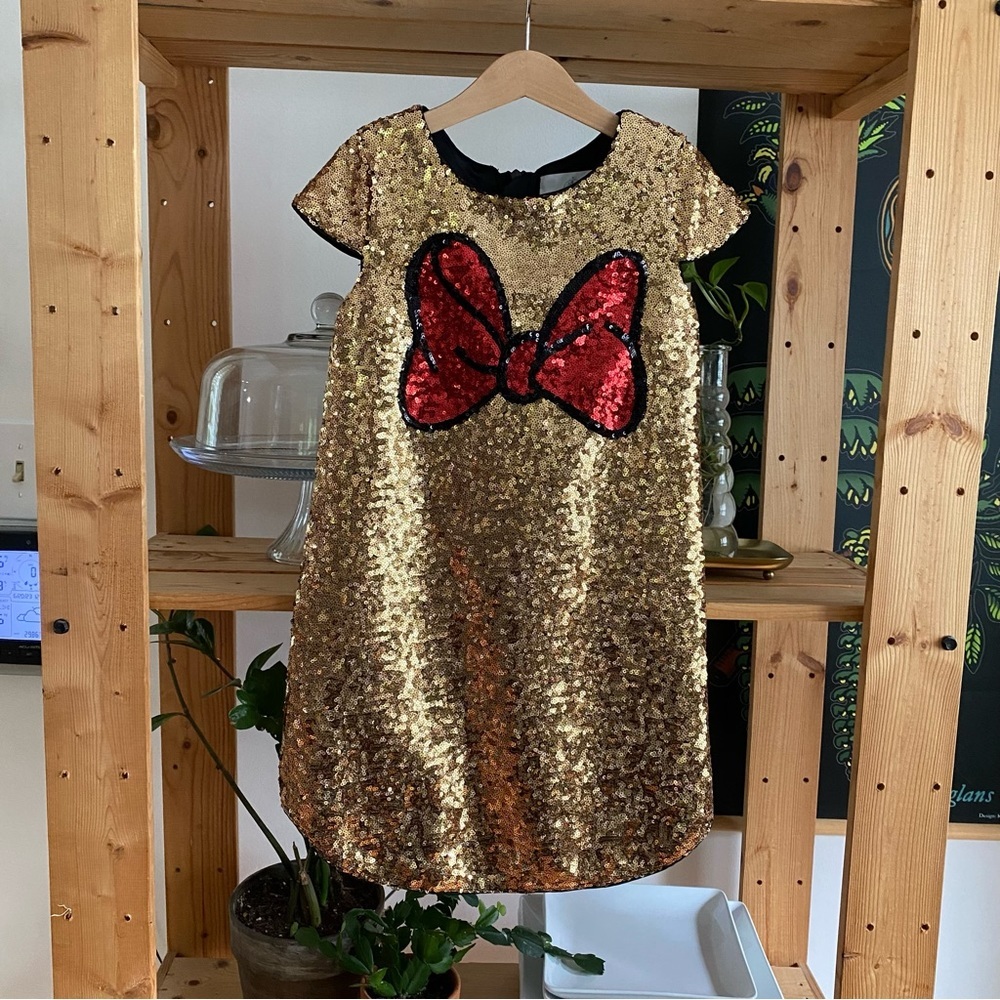 Disney Gold Red Sequins Minnie Mouse Bow Short Sleeve Sparkly Dress - Picture 2 of 10